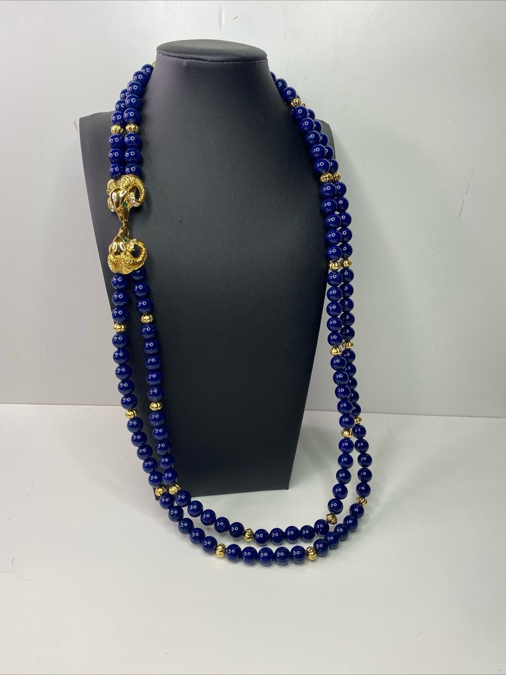 Kenneth Jay Lane for Avon Rams Lapis Blue and Gold Double Strand Beaded Necklace